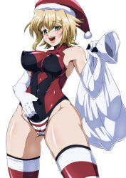 Rule 34 | 1girl, akatsuki kirika, blonde hair, blush, breasts, cameltoe, commentary request, covered erect nipples, covered navel, elbow gloves, gloves, green eyes, hat, highres, large breasts, leotard, looking at viewer, red leotard, santa hat, senki zesshou symphogear, shiny skin, short hair, simple background, skindentation, smile, solo, standing, striped clothes, striped thighhighs, tappa (esperanza), thighhighs, tongue, tongue out, white background