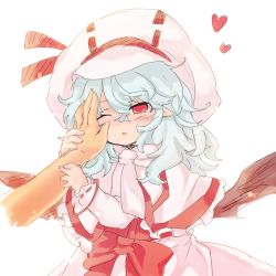 Rule 34 | 1girl, bad id, bad pixiv id, bat wings, blue hair, bracelet, capelet, curiosities of lotus asia, female focus, hat, heart, hutaba123, jewelry, long hair, one eye closed, open mouth, pointy ears, red eyes, remilia scarlet, solo, touhou, vampire, wings, wink
