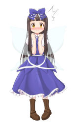 Rule 34 | 1girl, absurdres, black hair, blue dress, blush, boots, bow, brown eyes, brown footwear, commentary request, dress, fairy, fairy wings, full body, hair bow, hand to own mouth, highres, long hair, p.w., ribbon, simple background, solo, star sapphire, touhou, white background, wings