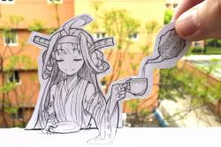 Rule 34 | 10s, 1girl, ahoge, closed eyes, cup, detached sleeves, double bun, facing viewer, hair bun, hairband, headgear, kantai collection, kongou (kancolle), long hair, nontraditional miko, paper child, paper cutout, papercraft (medium), photo (medium), pouring, ribbon-trimmed sleeves, ribbon trim, saucer, siji (szh5522), sketch, smile, solo, tea, teacup, teapot, unconventional media, upper body