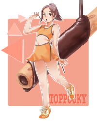 Rule 34 | brown eyes, crop top, food, kow (kow0117), midriff, pocky, sexually suggestive, shoes, short ponytail, skirt, sneakers, solo, sports top, thighs