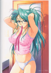 Rule 34 | 1girl, 2001, adjusting hair, arms behind head, arms up, blue eyes, blush, breasts, cleavage, collarbone, cowboy shot, door, female focus, glasses, highres, impossible clothes, impossible shirt, indoors, long hair, looking at viewer, medium breasts, navel, panties, pink shirt, shadow, shirt, sleeveless, sleeveless shirt, solo, strap gap, underwear, underwear only, white panties