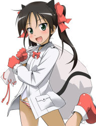 Rule 34 | 1girl, animal ears, black hair, blush, boots, cat ears, cat tail, choker, christmas, fang, flat chest, francesca lucchini, gloves, green eyes, hair ribbon, long hair, open mouth, panties, red gloves, ribbon, sack, smile, solo, strike witches, striped clothes, striped panties, tail, twintails, underwear, uniform, world witches series, youkan