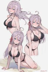 Rule 34 | 1girl, absurdres, ahoge, alisa mikhailovna kujou, arm support, arm up, artist name, bare arms, bare shoulders, bikini, black bikini, blue eyes, blush, breasts, cleavage, closed mouth, collarbone, commentary request, cowboy shot, grey background, grey hair, hair ribbon, highres, large breasts, looking at viewer, multiple views, navel, open mouth, red ribbon, ribbon, seiza, simple background, sitting, smile, sooon, stomach, swimsuit, thighs, tokidoki bosotto roshia-go de dereru tonari no arya-san
