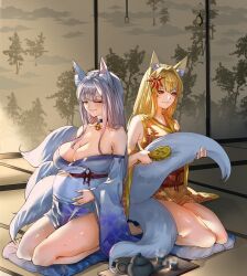 Rule 34 | 2girls, animal ear fluff, animal ears, aya (coc2), bare shoulders, bell, blonde hair, breasts, brushing another&#039;s hair, choker, cleavage, closed eyes, closed mouth, collarbone, corruption of champions 2, cup, curvy, fox ears, fox girl, fox tail, hair ornament, highres, japanese clothes, japanese house, kimono, kinu (coc2), kitsune, large breasts, long hair, multiple girls, multiple tails, neck bell, nyahpa20, obi, pregnant, red eyes, sash, seiza, shiny skin, sidelocks, sitting, tail, tatami, tea, teacup, teapot, thick thighs, thighs, white hair, wide hips, wide sleeves