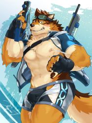 Rule 34 | 1boy, abs, animal ears, bara, bare pectorals, barrel (cool gunfighter) (live a hero), barrel (live a hero), beige fur, blush, brown fur, bulge, clothing cutout, dog boy, dog ears, dog tail, feet out of frame, fingerless gloves, fluffy, furry, furry male, gloves, grey male swimwear, highres, holding, holding water gun, kozume (kozumetako), large bulge, large pectorals, live a hero, looking at viewer, male focus, male swimwear, muscular, muscular male, navel, nipples, official alternate costume, open clothes, open shirt, orange fur, pectorals, short hair, smile, solo, stomach, swim briefs, swimsuit, tail, thick thighs, thigh cutout, thighs, water gun, wet, wet clothes, wet swimsuit