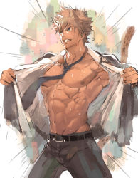 Rule 34 | 10s, 1boy, abs, animal ears, belt, blonde hair, blue eyes, clenched teeth, emphasis lines, male focus, muscular, navel, nikism, nipples, open clothes, open shirt, rom (show by rock!!), shirt, show by rock!!, solo, spiked hair, sweat, tail, tan, teeth