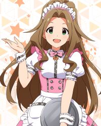 Rule 34 | 1girl, :d, apron, bow, bowtie, breasts, brown hair, butterfly ornament, cowboy shot, curly sidelocks, dot nose, dress, eyelashes, flipped hair, frilled apron, frilled skirt, frills, green eyes, hair over shoulder, hand up, high ponytail, holding, holding tray, idolmaster, idolmaster million live!, idolmaster million live! theater days, long hair, maid headdress, medium breasts, nikaidou chizuru, official alternate costume, official art, open hand, open mouth, pink bow, pink bowtie, pink dress, pretty waitress (idolmaster), puffy short sleeves, puffy sleeves, shirt, short sleeves, sidelocks, skirt, smile, solo, standing, star (symbol), starry background, straight-on, thighhighs, tray, upper body, very long hair, waist apron, waitress, white apron, white shirt, white thighhighs, wrist cuffs