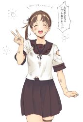 Rule 34 | 1girl, anchor symbol, ayanami (kancolle), bandaid, bandaid on cheek, bandaid on face, brown sailor collar, brown skirt, closed eyes, dirty, dirty face, hair ribbon, kantai collection, long hair, open mouth, ponytail, ribbon, sailor collar, school uniform, serafuku, short sleeves, side ponytail, simple background, skirt, solo, sowitchraw (cellphiena), sun symbol, thigh strap, torn clothes, translation request, v, white background