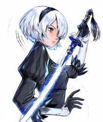 Rule 34 | 1girl, 2b (nier:automata), absurdres, black dress, black gloves, black hairband, blue eyes, bob cut, breasts, closed mouth, commentary, cropped torso, dress, feather-trimmed sleeves, from side, gloves, hair over one eye, hairband, hand up, highres, holding, holding sword, holding weapon, juliet sleeves, long sleeves, medium breasts, nier:automata, nier (series), one eye covered, puffy sleeves, short hair, signature, simple background, solo, sword, turtleneck dress, upper body, weapon, white background, white hair, xriviia