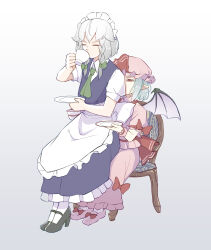 Rule 34 | 2girls, apron, ascot, bat wings, black footwear, bow, braid, closed eyes, cup, drinking, full body, gradient background, green ascot, grey background, hat, hat ribbon, high heels, highres, holding, holding cup, izayoi sakuya, looking at another, maid, maid headdress, mob cap, multiple girls, peroponesosu., pink footwear, pink headwear, pink skirt, pointy ears, red bow, red eyes, red ribbon, remilia scarlet, ribbon, side braids, sitting, sitting on person, skirt, touhou, twin braids, white apron, wings