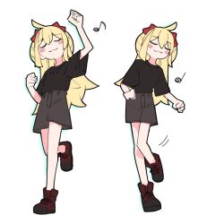 Rule 34 | 1girl, ahoge, black pants, black shorts, blonde hair, blush, boots, bow, clenched hands, closed eyes, dancing, full body, hair bow, kamo (kamonabe 44), long hair, musical note, nayu (tensai majo no maryoku kare), pants, red bow, shirt tucked in, shorts, simple background, smile, solo, standing, standing on one leg, tensai majo no maryoku kare, white background