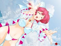 Rule 34 | 1girl, beach, bikini, breasts, cleavage, closed eyes, final fantasy, happy, navel, outdoors, red hair, sky, smile, solo, square enix, swimsuit, thighs, wallpaper, white mage (final fantasy), young wang