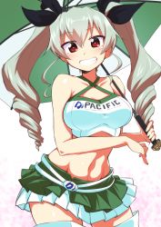 Rule 34 | 10s, 1girl, alternate costume, anchovy (girls und panzer), bare shoulders, breasts, collarbone, criss-cross halter, drill hair, girls und panzer, green hair, grin, hair between eyes, hair ribbon, halterneck, halterneck, highres, kagami uekusa, large breasts, long hair, looking at viewer, midriff, navel, pleated skirt, race queen, red eyes, ribbon, skirt, sleeveless, smile, solo, teeth, thighhighs, twin drills, twintails, umbrella, white skirt, zettai ryouiki