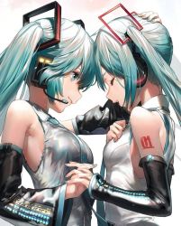 Rule 34 | aqua eyes, aqua hair, blouse, closed eyes, hair ornament, hand on another&#039;s head, hand on own chest, happy, hatsune miku, head pat, headphones, headset, holding hands, nail polish, necktie, number tattoo, shirt, siblings, smile, tagme, tattoo, tie clip, time paradox, twins, upper body, vocaloid, white shirt