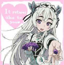 Rule 34 | 1girl, :d, chaika trabant, dress, english text, engrish text, food, fruit, grapes, heart, highres, hitsugi no chaika, holding, holding food, holding fruit, incoming food, long hair, long sleeves, looking at viewer, maid headdress, open mouth, purple eyes, ranguage, smile, solo, typehatena, very long hair, white dress, white hair