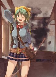 Rule 34 | 1girl, ;d, arm behind head, arm up, atelier (series), atelier shallie, bag, belt, blue shirt, blush, breasts, female focus, garlic, green eyes, green hair, hat, hat with ears, ibuki notsu, indoors, large breasts, matching hair/eyes, miniskirt, oar, one eye closed, open mouth, plaid, plaid skirt, pleated skirt, pot, shallotte elminus, shirt, shoulder bag, skirt, smile, smoke, solo, standing