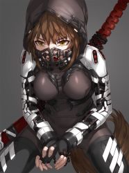 Rule 34 | 1girl, arm guards, armor, black gloves, bodysuit, boots, breasts, breasts apart, brown hair, chain, covered navel, cowboy shot, fangs, fingerless gloves, gloves, grey background, hair between eyes, hanging breasts, hood, kfr, leaning forward, mask, mouth mask, open mouth, own hands together, polearm, science fiction, short hair, shoulder pads, sidelocks, simple background, skin tight, solo, tail, teeth, thigh boots, thighhighs, underbust, weapon