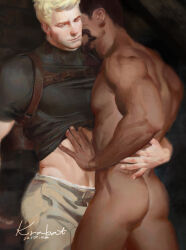 Rule 34 | 2boys, artist name, ass, back, bara, beard, black hair, black shirt, blonde hair, brown hair, brown pants, chest harness, closed mouth, clothes lift, dark-skinned male, dark skin, facial hair, groping, hand on another&#039;s back, hand on another&#039;s stomach, harness, krabat, lifting another&#039;s clothes, lofter username, male focus, multiple boys, muscular, muscular male, mustache, nude, overwatch, overwatch 1, pants, pectorals, reaper (overwatch), shirt, shirt lift, short hair, soldier: 76 (overwatch), very short hair, yaoi