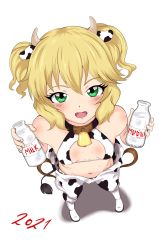 Rule 34 | 2021, animal ears, animal print, blonde hair, blush, bottle, breasts, child, chinese zodiac, collar, cow ears, cow horns, cow print, cow tail, fake animal ears, from above, green eyes, highres, horns, idolmaster, idolmaster cinderella girls, looking at viewer, milk, milk bottle, mrhunking, open mouth, perspective, sakurai momoka, short hair, simple background, small breasts, smile, solo, standing, tail, twintails, white background