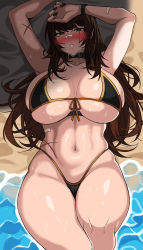 Rule 34 | 1girl, arms up, bandaid, bandaid on face, bandaid on nose, beach, bikini, black bikini, breasts, brown eyes, brown hair, cleavage, dungeon and fighter, hella p, highres, large breasts, long hair, looking at viewer, lying, nail polish, navel, ocean, on back, parted lips, scar, scar on face, solo, swimsuit
