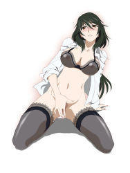 Rule 34 | 10s, 1girl, alternate legwear, black bra, black hair, black thighhighs, blush, bra, breasts, brown eyes, covering privates, covering crotch, female pubic hair, highres, infinite stratos, large breasts, lingerie, long hair, navel, nipples, no panties, open clothes, open shirt, orimura chifuyu, pubic hair, sabachiyo land, see-through, shirt, simple background, sleeves rolled up, solo, thighhighs, uncensored, underwear