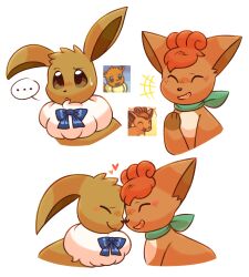 Rule 34 | ..., absurdres, aimer arts, animal focus, blush, closed eyes, creatures (company), eevee, fang, freckles, game freak, gen 1 pokemon, heart, highres, nintendo, no humans, pokemon, pokemon (creature), pokemon mystery dungeon, ribbon, smile, sweat, vulpix, white background