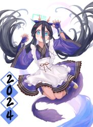 Rule 34 | 1girl, 2024, absurdly long hair, absurdres, apron, aris (blue archive), black hair, blue archive, blue eyes, blush, cosplay, dragon horns, dragon tail, fingerless gloves, frilled apron, frills, ggangtong, gloves, green halo, halo, highres, horns, japanese clothes, kimono, laundry dragonmaid, laundry dragonmaid (cosplay), long hair, looking at viewer, open mouth, purple gloves, purple kimono, simple background, solo, tail, very long hair, white apron, white background, yu-gi-oh!