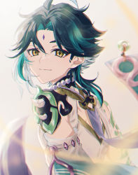 Rule 34 | 1boy, ahoge, aqua hair, arm tattoo, bead necklace, beads, blurry, blurry foreground, blush, cape, chinese clothes, closed mouth, commentary request, depth of field, detached sleeves, diamond-shaped pupils, diamond (shape), eyeshadow, facial mark, forehead mark, genshin impact, gold trim, green hair, highres, jewelry, looking at viewer, looking back, makeup, male focus, mizuamememe, multicolored hair, necklace, parted bangs, purple cape, red eyeshadow, shirt, short hair, shoulder spikes, sidelocks, sleeveless, sleeveless shirt, smile, solo, spikes, streaked hair, symbol-shaped pupils, tattoo, upper body, white shirt, xiao (genshin impact), yellow eyes