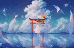 Rule 34 | 1girl, absurdres, bare legs, barefoot, blue sky, bow (music), breasts, brown hair, cloud, dress, floating hair, floating hat, from behind, hat, highres, holding, holding instrument, holding violin, instrument, long hair, medium breasts, mountainous horizon, music, original, paper, playing instrument, reflective floor, ripples, shengkai167, sky, solo, sun hat, sundress, violin, walking, walking on liquid, water drop, white dress, wind