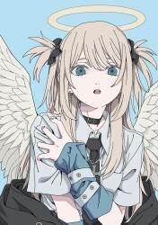 Rule 34 | 1girl, angel wings, arm warmers, belt, belt collar, black belt, black bow, black jacket, black necktie, blonde hair, blue background, blue eyes, bow, collar, collared shirt, commentary, cross, cross hair ornament, cross necklace, earrings, feathered wings, grey shirt, hair bow, hair ornament, haku geroda, halo, hand on own shoulder, jacket, jacket partially removed, jewelry, looking at viewer, necklace, necktie, open mouth, original, shirt, short sleeves, simple background, solo, teeth, two side up, upper body, upper teeth only, white wings, wings, yellow nails