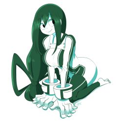Rule 34 | 1girl, arm support, asui tsuyu, bodysuit, boku no hero academia, breasts, closed mouth, expressionless, framed breasts, hair rings, highres, large breasts, long hair, looking at viewer, monochrome, seiza, simple background, sitting, solo, theycallhimcake, thighs, very long hair