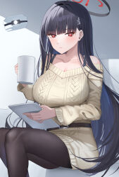 Rule 34 | 1girl, bare shoulders, belt, black belt, black hair, black pantyhose, blue archive, blush, breasts, cleavage, closed mouth, collarbone, commentary request, cup, feet out of frame, halo, highres, holding, holding cup, large breasts, long hair, long sleeves, looking at viewer, off shoulder, pantyhose, partial commentary, red eyes, rio (blue archive), shougun (chuckni1), sitting, solo, thighs