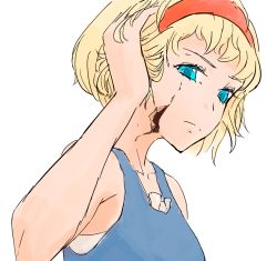 Rule 34 | 1girl, alice margatroid, alternate costume, bare shoulders, blonde hair, blue eyes, commentary, cracked skin, frown, hand in own hair, short hair, solo, toucanpecan, touhou, upper body