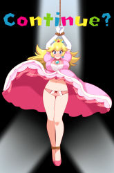 Rule 34 | 1girl, arms up, black background, blonde hair, blue eyes, blush, bound, bound ankles, bound wrists, bow, bow panties, breasts, brooch, clenched hands, clothes lift, continue, crown, don (748826), dot nose, dress, dress lift, earrings, elbow gloves, eyelashes, floral print, full body, furrowed brow, gloves, highres, jewelry, large breasts, legs, legs together, long hair, looking at viewer, mario (series), navel, nintendo, no socks, panties, parted lips, pink dress, pink footwear, pink panties, princess, princess peach, puffy short sleeves, puffy sleeves, red bow, rope, short sleeves, simple background, solo, spotlight, super mario bros. 1, thigh gap, underwear, wavy mouth, white gloves