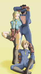Rule 34 | 1990s (style), 3girls, 6896952, ahoge, antenna hair, arms behind head, ass, back, back-to-back, back cutout, blonde hair, blue eyes, blue leotard, bodysuit, boots, braid, breasts, brown eyes, brown hair, cammy white, camouflage, capcom, clothing cutout, fingerless gloves, gloves, highres, huge ahoge, juli (street fighter), juni (street fighter), knee boots, large breasts, leotard, long hair, multiple girls, necktie, no headwear, orange hair, retro artstyle, short hair, simple background, skin tight, standing, standing on one leg, street fighter, street fighter zero (series), twin braids