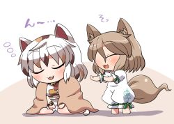 Rule 34 | 2girls, animal ears, barefoot, bell, blush, cat ears, cat tail, closed eyes, closed mouth, crop top, fox ears, fox tail, goutokuji mike, green ribbon, hair between eyes, jingle bell, kudamaki tsukasa, light brown hair, multiple girls, open mouth, patch, ribbon, rokugou daisuke, romper, short hair, short sleeves, signature, sleeping, smile, tail, tongue, tongue out, touhou, white hair, white romper