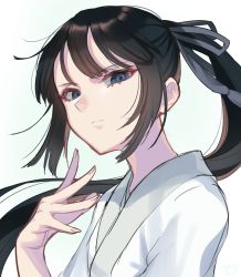 Rule 34 | 1girl, absurdres, black hair, chinese clothes, closed mouth, commentary request, fate/grand order, fate (series), green eyes, hair ribbon, hanfu, highres, jing ke (fate), long hair, looking at viewer, ponytail, ribbon, solo, tsuki099, white background