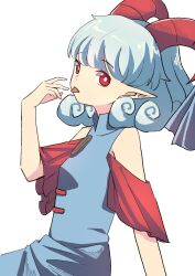 Rule 34 | 1girl, 9302w (user wjpg8475), arm support, bare shoulders, blue dress, blue hair, breasts, bright pupils, dress, hair behind ear, hand up, highres, horns, looking at viewer, medium hair, pointy ears, red eyes, simple background, small breasts, solo, tongue, tongue out, touhou, toutetsu yuuma, white background, white pupils