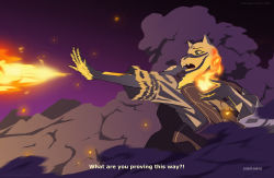 Rule 34 | 1girl, adult swim, animal ears, animification, blue eyes, claws, english text, fake screenshot, fangs, fire, furry, furry female, goat ears, horns, kristopher satterwhite, magic, outstretched arm, robe, smoke, solo, subtitled, toriel, undertale
