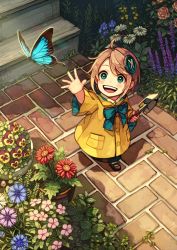 Rule 34 | 1girl, ahoge, akagi shun, amy (kataude no emi), blush, bow, brown hair, bug, butterfly, buttons, child, flower, from above, garden, hair ornament, happy, insect, kataude no emi, light particles, looking up, mary janes, open mouth, original, plant, potted plant, raincoat, reaching, reaching towards viewer, shadow, shoes, short hair, shovel, smile, stairs