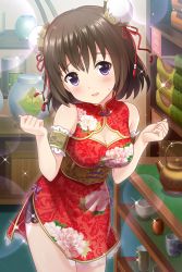 Rule 34 | 1girl, alternative girls, artist request, asahina nono, breasts, brown eyes, brown hair, bun cover, china dress, chinese clothes, cleavage, corset, double bun, dress, highres, lens flare, lens flare abuse, official art, purple eyes, short hair, side slit, solo, sparkle, teapot