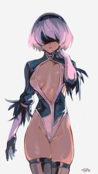 Rule 34 | 1girl, adapted costume, alternate costume, artist name, black thighhighs, blindfold, breasts, center opening, cleavage, covered erect nipples, feather-trimmed sleeves, hairband, highleg, highleg leotard, legs together, leotard, medium breasts, mole, mole under mouth, nier (series), nier:automata, optionaltypo, silver hair, skindentation, solo, standing, thighhighs, unaligned breasts, 2b (nier:automata)