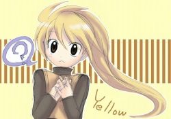 Rule 34 | 1girl, ?, character name, creatures (company), game freak, lowres, nintendo, pokemon, pokemon adventures, solo, striped, striped background, yellow (pokemon), yellow background, yellow theme