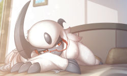 Rule 34 | 1girl, absol, absurdres, animal hands, bed, bespectacled, claws, creatures (company), female focus, full body, furry, furry female, game freak, gen 3 pokemon, glasses, half-closed eyes, highres, horns, indoors, looking to the side, lying, nintendo, on bed, on stomach, pillow, pokemon, pokemon (creature), red-framed eyewear, red eyes, single horn, solo, white hair, zinfyu