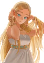 Rule 34 | 1girl, adjusting hair, artist name, blonde hair, breasts, dress, green eyes, grey dress, tucking hair, hands up, highres, ivy (sena0119), long hair, looking at viewer, medium breasts, nintendo, official alternate costume, parted bangs, princess zelda, simple background, smile, solo, strapless, strapless dress, the legend of zelda, the legend of zelda: breath of the wild, triforce print, upper body, white background
