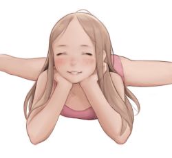 Rule 34 | 1girl, bad id, bad pixiv id, blush, closed eyes, elbow rest, facing viewer, forehead, freckles, head on hand, head rest, highres, leotard, light brown hair, luimiart, lying, on stomach, original, smile, solo, split, straddle split, white background