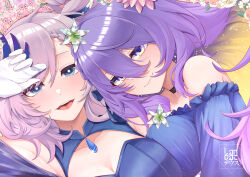 Rule 34 | 2girls, black choker, blue eyes, blush, breasts, choker, cleavage, cleavage cutout, closed mouth, clothing cutout, dress, feather hair ornament, feathers, flower, gloves, gradient hair, grey hair, hair flower, hair ornament, hololive, hololive indonesia, hug, landacdeus, large breasts, long hair, looking at viewer, moona hoshinova, multicolored hair, multiple girls, open mouth, pavolia reine, pink flower, purple dress, purple eyes, purple hair, smile, teeth, upper teeth only, virtual youtuber, white flower, white gloves, yellow eyes