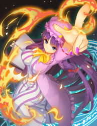 Rule 34 | 1girl, absurdres, blue eyes, book, crescent, dress, fire, fps, from above, hair ribbon, hat, highres, impossible clothes, long hair, long sleeves, looking at viewer, magic circle, mob cap, nail polish, open book, patchouli knowledge, pointing, pointing up, purple hair, ribbon, smile, solo, striped clothes, striped dress, touhou, tress ribbon