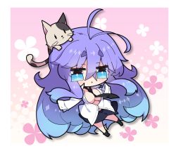 Rule 34 | 1girl, :&lt;, animal, animal on head, antenna hair, between breasts, black necktie, black skirt, black socks, blue eyes, blue hair, blush, breasts, cat, chibi, collared shirt, commentary, dress shirt, floral background, full body, fuyou-chan, gradient hair, hair between eyes, halftone, halftone background, highres, large breasts, long sleeves, looking at viewer, milkpanda, multicolored hair, necktie, necktie between breasts, no bra, no shoes, on head, original, parted lips, purple hair, shirt, short eyebrows, skirt, sleeves past fingers, sleeves past wrists, socks, solo, thick eyebrows, triangle mouth, white shirt